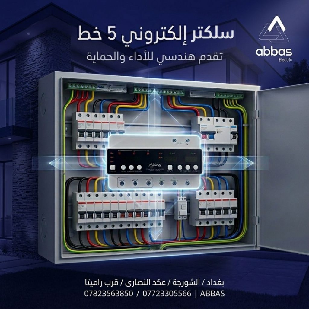 Electrical distribution panel with colorful wires inside a metal cabinet, part of an Abbass Electric promo banner (Arabic text above)